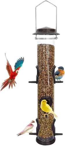 Miniatura 13 de MIXXIDEA 1PK Alimentadores de pájaros metálicos con 6 puertos de alimentación, alimentador de pájaros de tubo con colgador de acero, alimentador