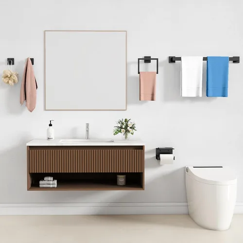 Miniatura 7 de STWWO Juego de 20 piezas de accesorios de baño negro mate, juego de toallas de baño de 24 pulgadas, toalleros de acero inoxidable para baño montado