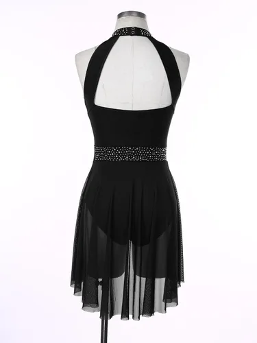 Miniatura 4 de FEESHOW Women Shiny Rhinestone Lyrical Dance Dress Backless Leotard Dresses Figure Skating Dance Costume