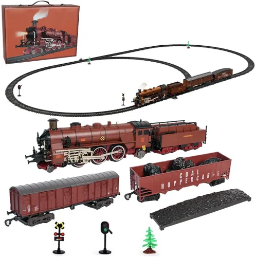 Miniatura 6 de Modelo de locomotora de vapor motorizada, modelo de juego de tren eléctrico de aleación con carro, pista larga y con efectos de luz y sonido, Verde