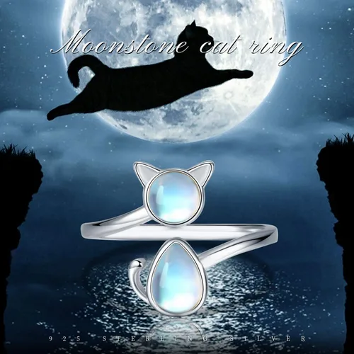 Miniatura 7 de CHENGHONG Anillo de plata de ley 925 con piedra de luna anillos de animales abiertos joyería de gato de la suerte regalos para mujeres y niñas