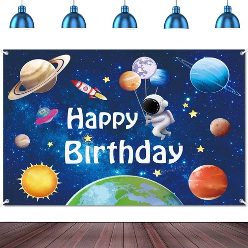 Miniatura 8 de Pancarta de fondo de feliz cumpleaños de planetas astronautas espaciales, suministros de decoración de fiesta de cumpleaños para niños, sistema