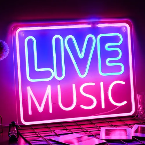 Letrero de neón de música en vivo rosa azul con palabras LED, luces de neón para decoración de pared, luz de neón musical para dormitorio, sala de