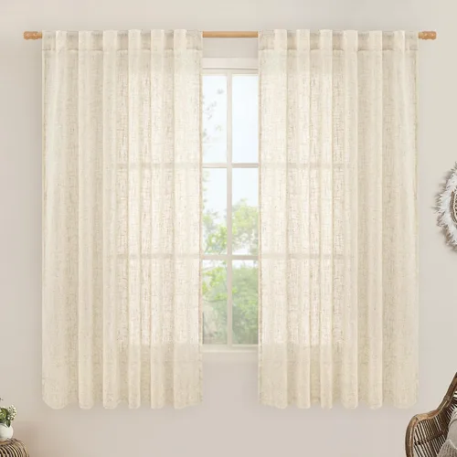 LAMIT Cortinas de Lino Sintético de 63 Pulgadas de Largo para Dormitorio, con Lengüeta Trasera y Bolsillo para Varilla, Cortinas de Lino Beige