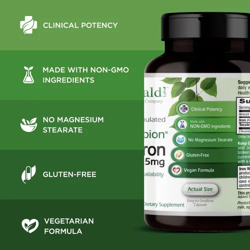 Miniatura 4 de Emerald Labs Gentle Iron 25mg - Quelato de bisglicinato ferroso - Suplemento de hierro quelado que apoya la energía, la salud ocular, inmune