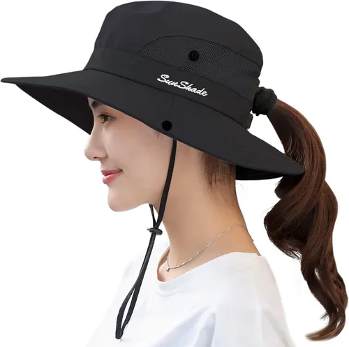 Miniatura 28 de Sombrero de sol de verano para mujer, cola de caballo – Protección UV de malla de ala ancha plegable con agujero para cola de caballo