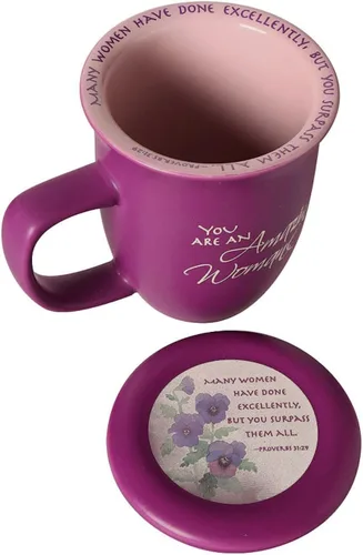 Miniatura 4 de Amazing Woman - Taza y portavasos, tapa de cerámica, taza grande de café o té de 14 onzas, color morado oscuro