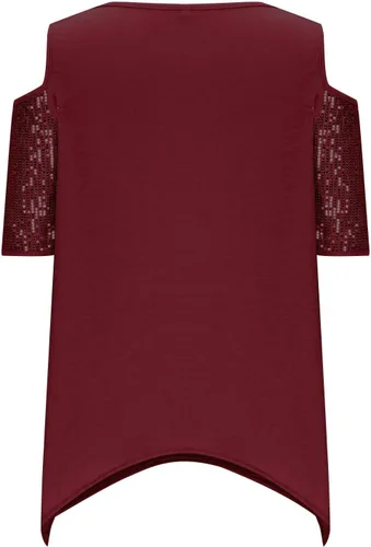 Miniatura 7 de Blusa de manga corta con hombros descubiertos y talla grande, con lentejuelas brillantes y empalme de moda, con dobladillo de pañuelo