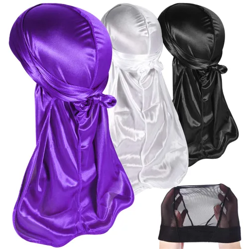 Miniatura 30 de Paquete de 3 piezas de durags sedosas para ondas de hombres, de regalo 1 gorra para marcar las ondas, talla única