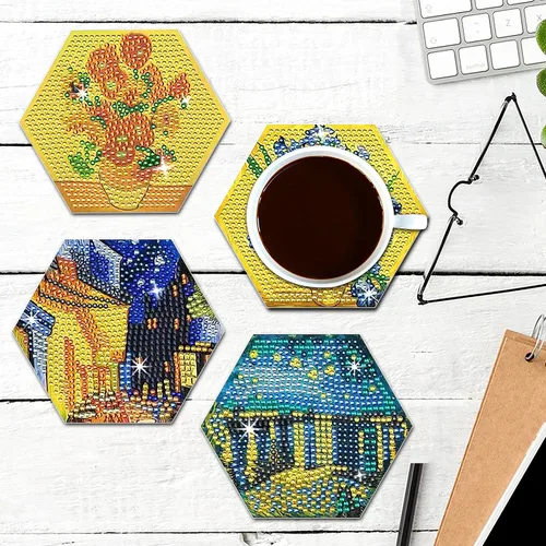 Miniatura 3 de NUFTVI Van Gogh - Juego de posavasos de pintura de diamantes con soporte, kit de posavasos de arte de diamante de cristal completo 5D para adultos.