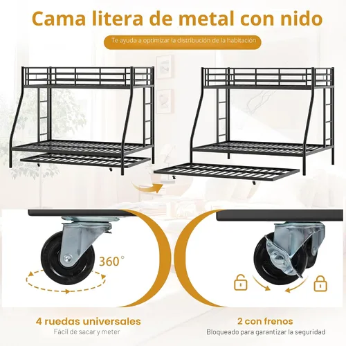 Miniatura 5 de Nuturelly Litera de metal individual sobre matrimonial con nido, marco de acero resistente con barandillas de seguridad y escalera, ahorro