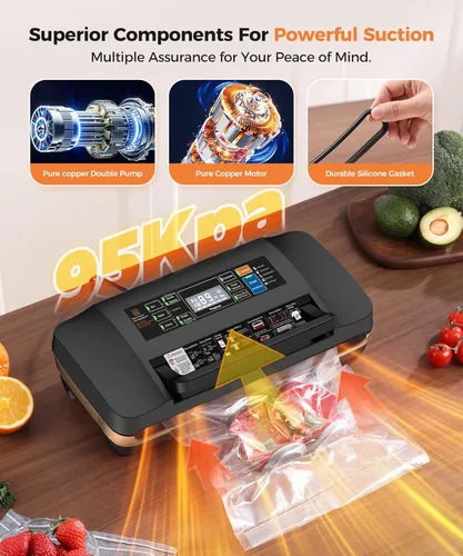 Miniatura 4 de Máquina selladora al vacío, ahorro de alimentos comercial de alto rendimiento de 95 KPa con doble sello para 2 veces más resistencia, incluye bolsas