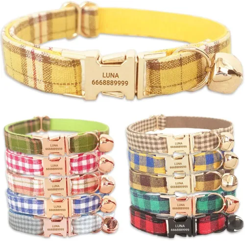 Miniatura 15 de PETDURO Collares de gato a cuadros hechos a mano personalizados con campana y hebilla de metal grabada con nombre personalizado para gatos lindos
