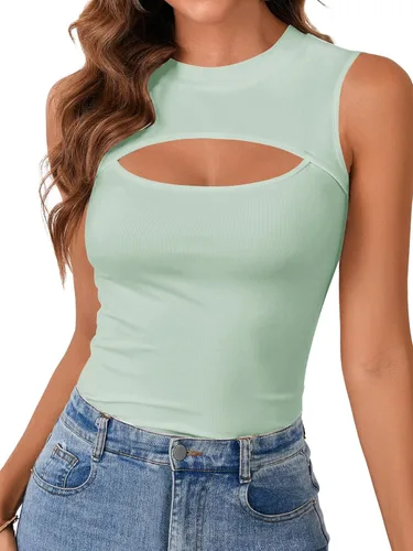 Miniatura 13 de Vrtige Camiseta sin mangas sexy con cuello redondo para mujer, de punto acanalado, sin mangas, ajustada