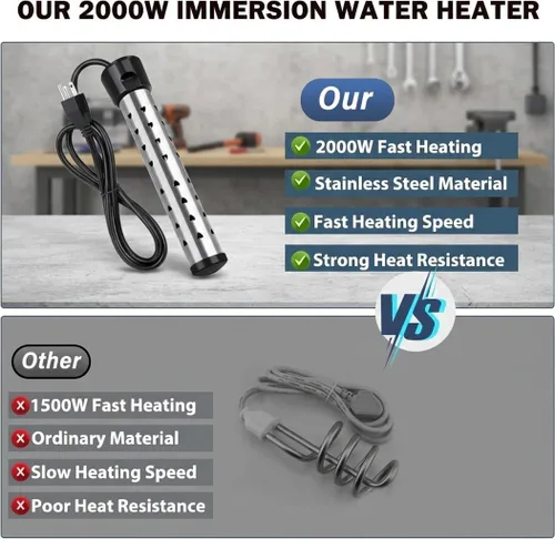 Miniatura 3 de Calentador de agua de inmersión de 2000 W, calentador de agua eléctrico portátil con termómetro LCD y protector de acero inoxidable 304, calentador