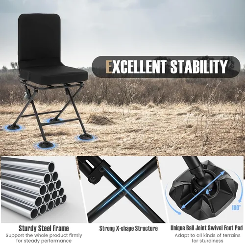 Miniatura 7 de Tangkula Silla de caza, silla ciega giratoria de 360 grados con cojín acolchado, almohadillas ajustables, sillas de caza plegables portátiles