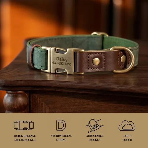 Miniatura 4 de Collares para perros personalizados, collar de piel sintética suave personalizada con nombre de mascota y número de teléfono para perros pequeños