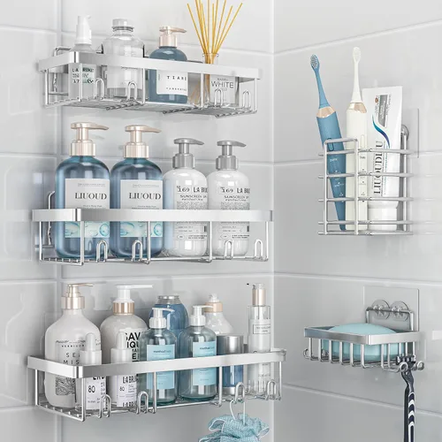 Miniatura 16 de Liuoud Juego de 5 Organizadores de Ducha Adhesivos para Pared, Estante para Interior de Ducha, Cesta de Almacenamiento de Baño Inoxidable Resistente