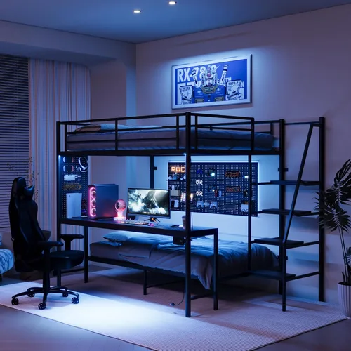 Miniatura 5 de KEIKI Litera Full sobre Twin con Estación de Carga, Cama Alta de Metal con Escritorio & Protector de Seguridad & Escaleras, Marco de Cama de Metal