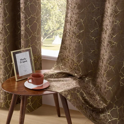 Miniatura 6 de Cortinas marrones y doradas de 63 pulgadas de largo, 2 paneles de cortinas geométricas para oscurecer la habitación, cortinas con ojales, estampado