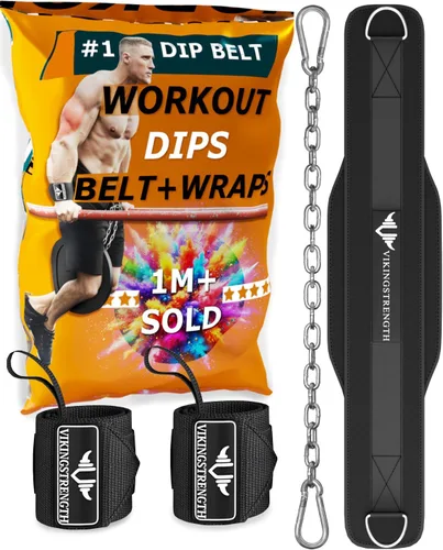 Vikingstrength Cinturón de inmersión para levantamiento de pesas, incluyendo muñequeras. Cinturón acolchado de alta calidad con cadena larga para