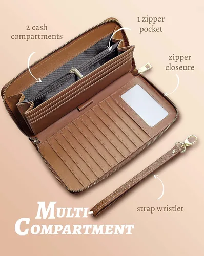 Miniatura 5 de Cartera para mujer con tarjetero para tarjetas de crédito, bolsillos para dinero, correa de pulsera, monedero con bloqueo RFID, gran capacidad