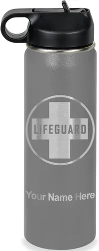 Miniatura 17 de LaserGram Botella de agua personalizada, salvavidas, acero inoxidable de doble pared aislada al vacío con popote superior, regalo grabado Negro