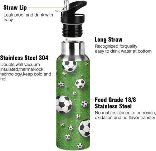 Miniatura 3 de Soccer Balls Green Insulated Stainless Steel Water Bottle with Straw 20 Oz Leakproof Water Bottles, BPA-Free Sport Water Bottle