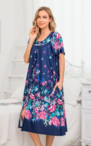 Miniatura 3 de YOZLY Vestido de casa para mujer, de manga corta, abrigo de casa con bolsillos