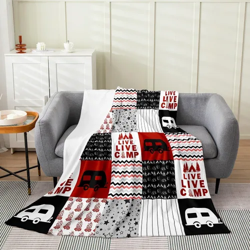 Miniatura 9 de jejeloiu Manta de cama de campamento para todas las estaciones, manta de franela de vellón con temática de campamento feliz, manta peluda de madera