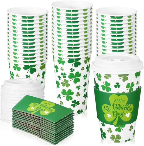 Jingmore Paquete de 60 tazas de café desechables del día de San Patricio con tapas y fundas de 16 onzas, tazas de café irlandesas de papel de trébol