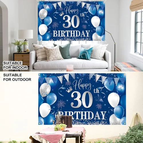 Miniatura 8 de Telón de fondo de pancarta de 30 cumpleaños, decoraciones de feliz cumpleaños de BTZO 30, fondo de fotos de tela azul plateada para hombres