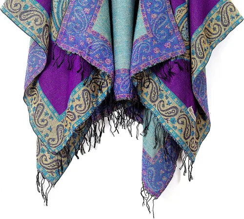 Miniatura 5 de Poncho con flecos, con estampado vintage, estilo retro, a la moda, para mujer. Capa, chal.