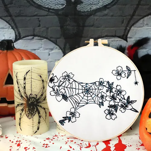 Miniatura 6 de Kit de bordado de Halloween para adultos principiantes, kit de punto de cruz estampado para adultos principiantes, kit de inicio de bordado a mano