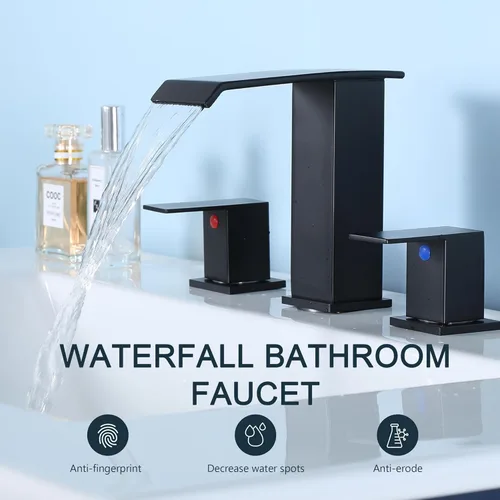 Miniatura 3 de COMLLEN Grifos de baño de 3 agujeros, grifo de baño de cascada negro mate de 3 agujeros, 8 pulgadas extendido moderno grifo de lavabo de baño, grifo