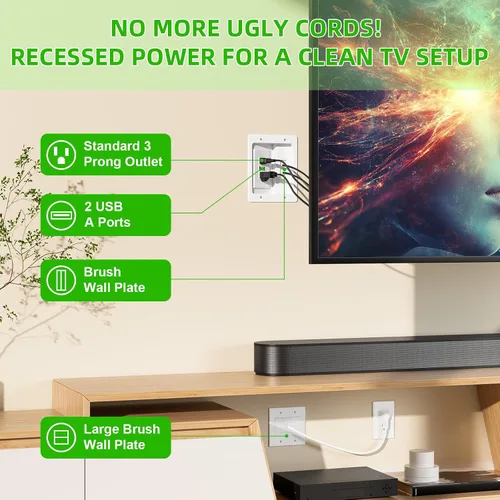 Miniatura 5 de Kit de organización de cables de pared con placa de pared de cepillo, salidas de CA y puertos USB, cable de 9 pies, toma de pared empotrada