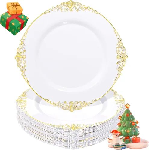 Liacere 50 platos de plástico dorado – platos desechables de postre – platos dorados y blancos de 7.5 pulgadas – Platos de plástico blanco y dorado
