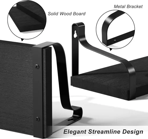 Miniatura 5 de Love-KANKEI Estantes flotantes montados en la pared de madera rústica, juego de 3 estantes para dormitorio, sala de estar, baño, cocina, color negro