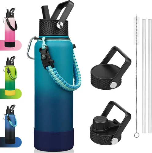 Miniatura 35 de BJPKPK - Botella de agua con tapa de popote, botellas de agua aisladas de 18 onzas con 3 tapas, asa de cuerda de paracaídas y base antideslizante