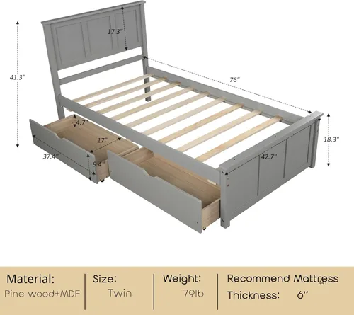 Miniatura 2 de Bellemave Cama individual con cajones, plataforma de madera con cabecero y estribo, cama capitán de madera para niños, niñas, niños, adolescentes