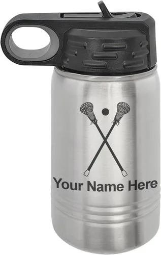 Miniatura 43 de LaserGram Botella de agua personalizada, palitos de lacrosse, acero inoxidable de doble pared aislada al vacío con popote superior, regalo grabado