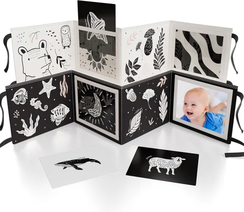 Libro de tiempo de barriga suave con espejo estimulante seguro para bebés - Divertido juguete Montessori en blanco y negro con relleno arrugado y 20
