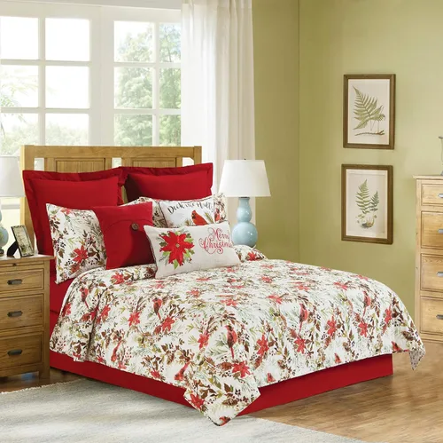C&F Home Averie - Juego de edredón reversible botánico con acebo y ramitas navideñas, diseño de cardenal y flor de pascua, tamaño matrimonial/queen,