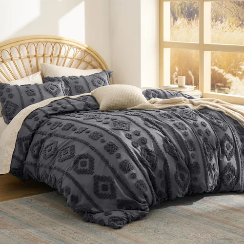 Miniatura 20 de Bedsure - Juego de edredón individual/King, juego de cama bohemio azul polvo capitoné, 3D, tipo jacquard, 2 piezas: 1 edredón estilo rústico chic