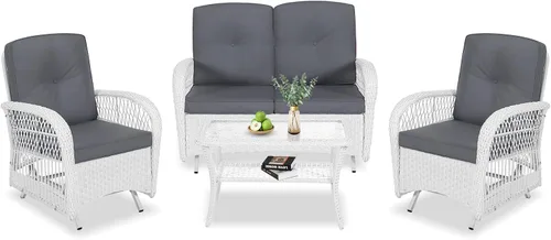 Miniatura 56 de VIVIJASON Silla mecedora de mimbre para exteriores, 2 piezas, sillas mecedoras de ratán para patio con cojines y marco de acero, muebles de mimbre