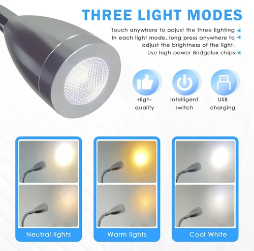 Miniatura 3 de TZnpnor - Paquete de 2 luces LED de noche de 12 a 24 V, puerto de carga USB, cuello de cisne, atenuación táctil, foco giratorio de 360° para cámper