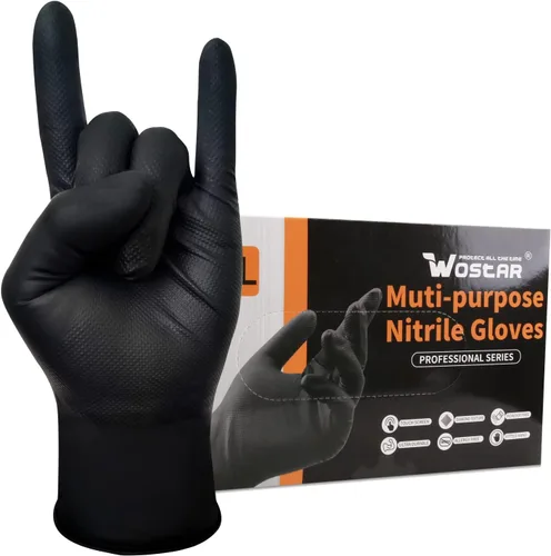 Wostar Guantes industriales de nitrilo negro, grandes de 8 mil, con textura de diamante, sin látex y polvo, guantes resistentes, 100 unidades