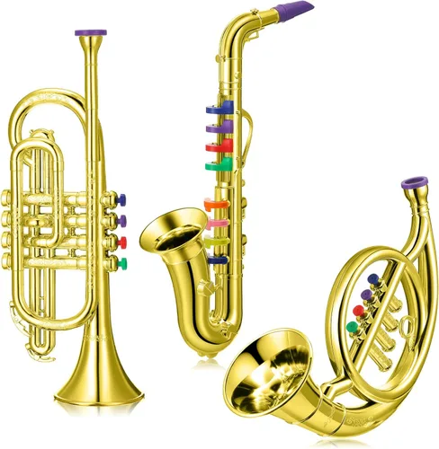 Treela Juego de 3 instrumentos musicales, saxofón, trompeta y cuerno para principiantes, 3 instrumentos musicales de viento y latón, combo con