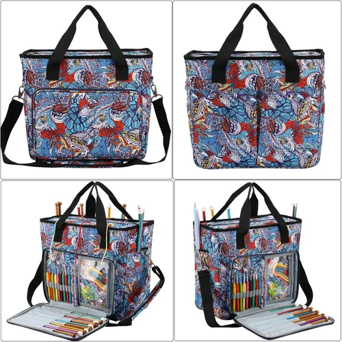 Miniatura 9 de Bolsa de almacenamiento de hilo para tejer, organizador de ganchillo de gran capacidad, bolsa de viaje portátil con correa para el hombro, estuche