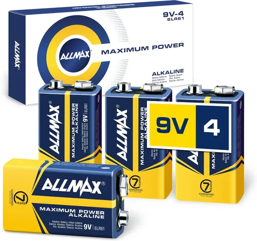 Allmax - Pilas alcalinas de 9 V de potencia máxima (4 unidades) – Ultra duradera, 7 años de vida útil, diseño a prueba de fugas, rendimiento superior